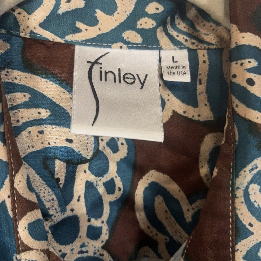 Finley Satin Blouse Womens Sz L Brown Blue Floral Twist Front French Cuffs - Picture 4 of 7